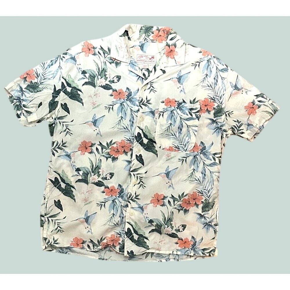 American Eagle Mens Tropical Floral‎ Button-Down Short Sleeve Shirt Pocket XS